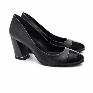 Tristan Black Leather Block Heel Pumps – Patent Toe – Size 38 (Made in Brazil)